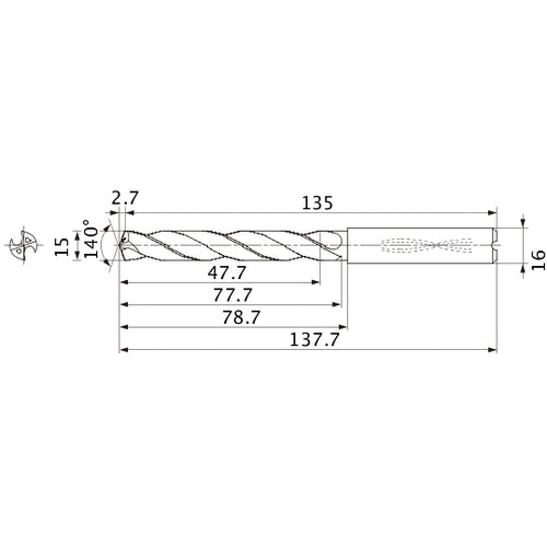 MMS1500X3DB DP7020 15 mm Dia. × 16 mm Shank × 77.7 mm Flute Length × 137.7 mm OAL, 140°, 2 Flute, Coolant Thru, Solid Carbide Drill