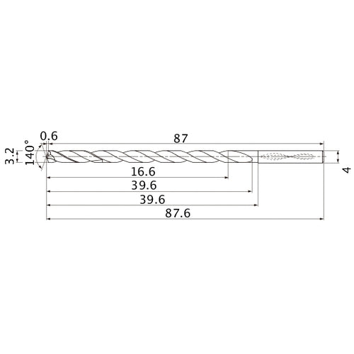 MNS0320LB TF15 3.2 mm Dia. × 4 mm Shank × 39.6 mm Flute Length × 87.6 mm OAL, 140°, 2 Flute, Coolant Thru, Solid Carbide Drill