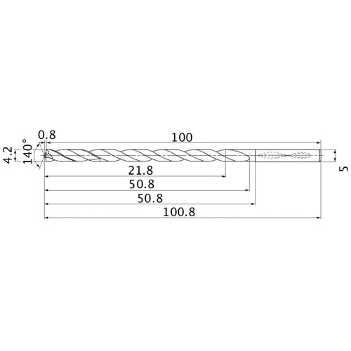 MNS0420LB TF15 4.2 mm Dia. × 5 mm Shank × 50.8 mm Flute Length × 100.8 mm OAL, 140°, 2 Flute, Coolant Thru, Solid Carbide Drill