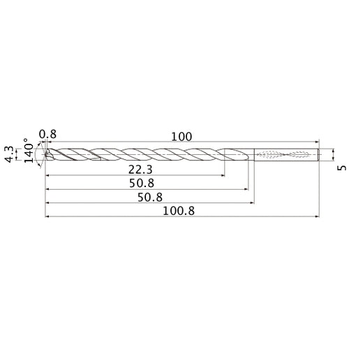 MNS0430LB TF15 4.3 mm Dia. × 5 mm Shank × 50.8 mm Flute Length × 100.8 mm OAL, 140°, 2 Flute, Coolant Thru, Solid Carbide Drill