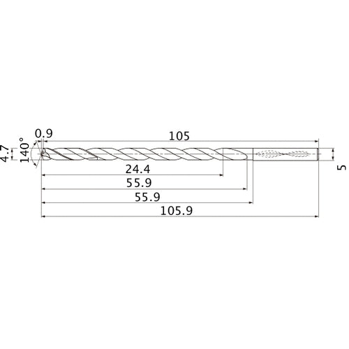MNS0470LB TF15 4.7 mm Dia. × 5 mm Shank × 55.9 mm Flute Length × 105.9 mm OAL, 140°, 2 Flute, Coolant Thru, Solid Carbide Drill