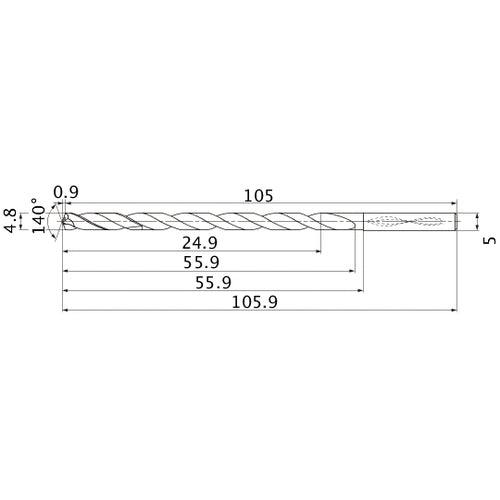 MNS0480LB TF15 4.8 mm Dia. × 5 mm Shank × 55.9 mm Flute Length × 105.9 mm OAL, 140°, 2 Flute, Coolant Thru, Solid Carbide Drill