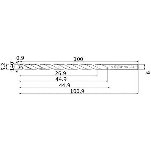 MNS0520LB TF15 5.2 mm Dia. × 6 mm Shank × 44.9 mm Flute Length × 100.9 mm OAL, 140°, 2 Flute, Coolant Thru, Solid Carbide Drill