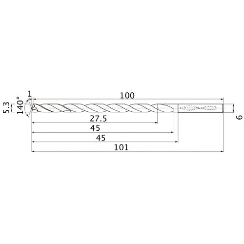 MNS0530LB TF15 5.3 mm Dia. × 6 mm Shank × 45 mm Flute Length × 101 mm OAL, 140°, 2 Flute, Coolant Thru, Solid Carbide Drill