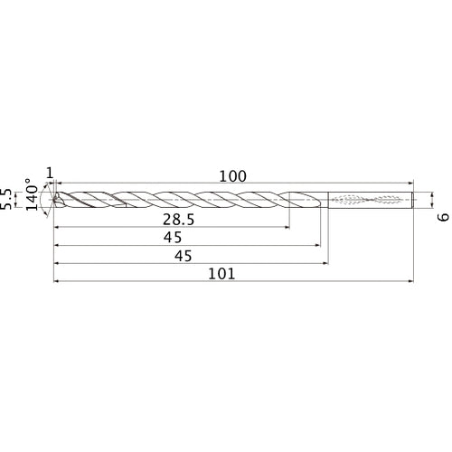 MNS0550LB TF15 5.5 mm Dia. × 6 mm Shank × 45 mm Flute Length × 101 mm OAL, 140°, 2 Flute, Coolant Thru, Solid Carbide Drill