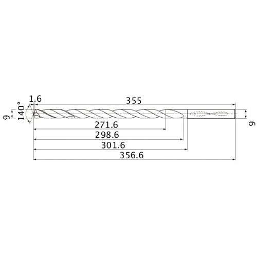 MNS0900X30DB TF15 9 mm Dia. × 9 mm Shank × 298.6 mm Flute Length × 356.6 mm OAL, 140°, 2 Flute, Coolant Thru, Solid Carbide Drill