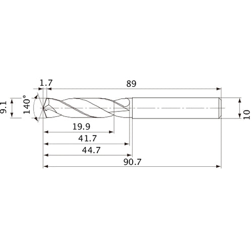 MVE0910X02S100 DP1020 9.1 mm Dia. × 10 mm Shank × 41.7 mm Flute Length × 90.7 mm OAL, 140°, 2 Flute, External Coolant, Solid Carbide Drill