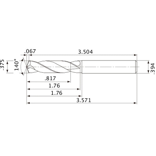 MVE0953X02S100 DP1020 3/8″ Dia. × 0.394″ Shank × 1.76″ Flute Length × 3.571″ OAL, 140°, 2 Flute, External Coolant, Solid Carbide Drill