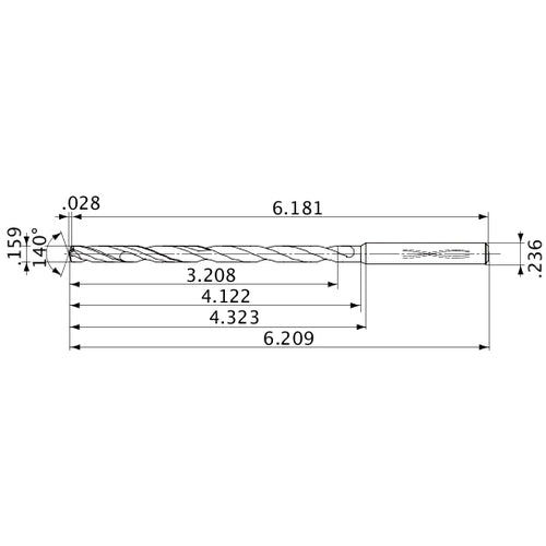 MVS0404X20S060 DP1020 0.159″ Dia. × 0.236″ Shank × 4.122″ Flute Length × 6.209″ OAL, 140°, 2 Flute, Coolant Thru, Solid Carbide Drill