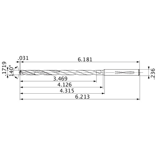 MVS0437X20S060 DP1020 0.1719″ Dia. × 0.236″ Shank × 4.126″ Flute Length × 6.213″ OAL, 140°, 2 Flute, Coolant Thru, Solid Carbide Drill