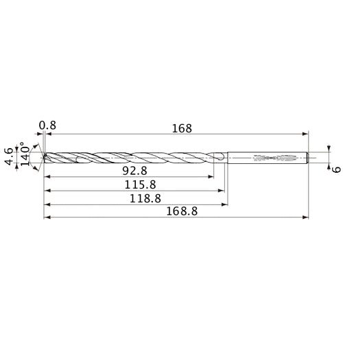 MVS0460X20S060 DP1020 4.6 mm Dia. × 6 mm Shank × 115.8 mm Flute Length × 168.8 mm OAL, 140°, 2 Flute, Coolant Thru, Solid Carbide Drill