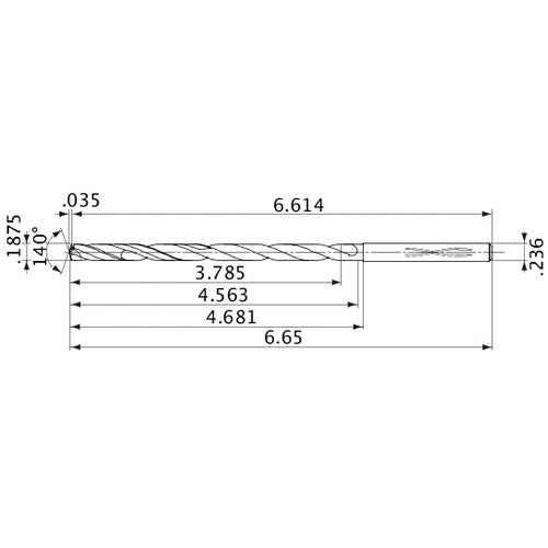 MVS0476X20S060 DP1020 3/16″ Dia. × 0.236″ Shank × 4.563″ Flute Length × 6.65″ OAL, 140°, 2 Flute, Coolant Thru, Solid Carbide Drill