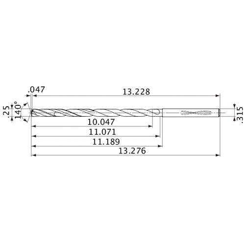 MVS0635X40S080 DP1020 1/4″ Dia. × 0.315″ Shank × 11.071″ Flute Length × 13.276″ OAL, 140°, 2 Flute, Coolant Thru, Solid Carbide Drill