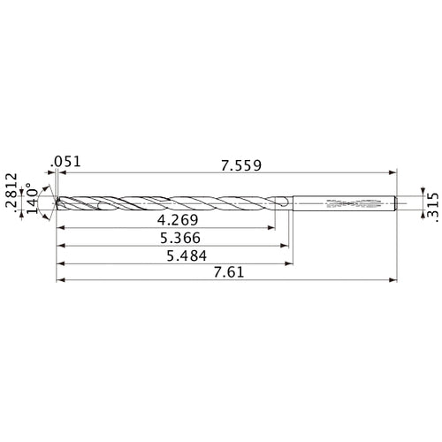 MVS0714X15S080 DP1020 0.2812″ Dia. × 0.315″ Shank × 5.366″ Flute Length × 7.61″ OAL, 140°, 2 Flute, Coolant Thru, Solid Carbide Drill