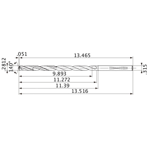 MVS0714X35S080 DP1020 0.2812″ Dia. × 0.315″ Shank × 11.272″ Flute Length × 13.516″ OAL, 140°, 2 Flute, Coolant Thru, Solid Carbide Drill
