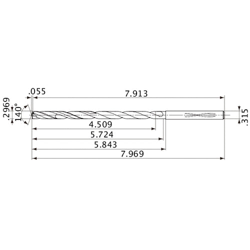 MVS0754X15S080 DP1020 0.2969″ Dia. × 0.315″ Shank × 5.724″ Flute Length × 7.969″ OAL, 140°, 2 Flute, Coolant Thru, Solid Carbide Drill