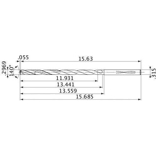 MVS0754X40S080 DP1020 0.2969″ Dia. × 0.315″ Shank × 13.441″ Flute Length × 15.685″ OAL, 140°, 2 Flute, Coolant Thru, Solid Carbide Drill