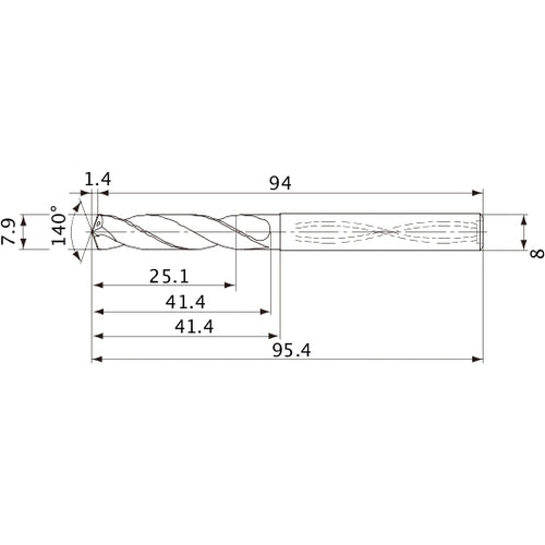 MVS0790X03S080 DP1020 7.9 mm Dia. × 8 mm Shank × 41.4 mm Flute Length × 95.4 mm OAL, 140°, 2 Flute, Coolant Thru, Solid Carbide Drill