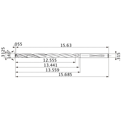 MVS0794X40S080 DP1020 5/16″ Dia. × 0.315″ Shank × 13.441″ Flute Length × 15.685″ OAL, 140°, 2 Flute, Coolant Thru, Solid Carbide Drill