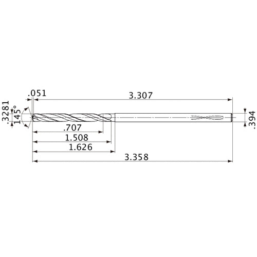 MVS0833X02S100PL DP1020 0.3281″ Dia. × 0.394″ Shank × 1.508″ Flute Length × 3.358″ OAL, 145°, 2 Flute, Coolant Thru, Solid Carbide Drill