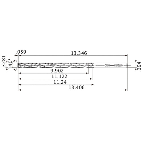 MVS0833X30S100 DP1020 0.3281″ Dia. × 0.394″ Shank × 11.122″ Flute Length × 13.406″ OAL, 140°, 2 Flute, Coolant Thru, Solid Carbide Drill
