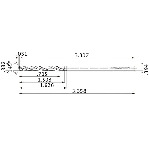 MVS0843X02S100PL DP1020 0.332″ Dia. × 0.394″ Shank × 1.508″ Flute Length × 3.358″ OAL, 145°, 2 Flute, Coolant Thru, Solid Carbide Drill