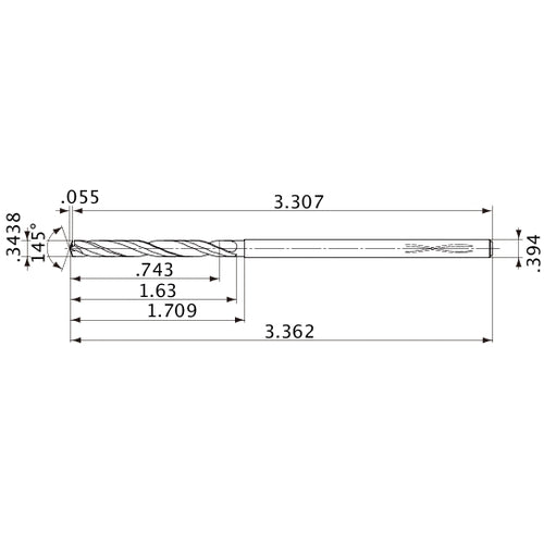 MVS0873X02S100PL DP1020 0.3438″ Dia. × 0.394″ Shank × 1.63″ Flute Length × 3.362″ OAL, 145°, 2 Flute, Coolant Thru, Solid Carbide Drill