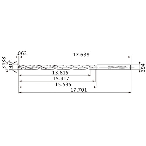 MVS0873X40S100 DP1020 0.3438″ Dia. × 0.394″ Shank × 15.417″ Flute Length × 17.701″ OAL, 140°, 2 Flute, Coolant Thru, Solid Carbide Drill