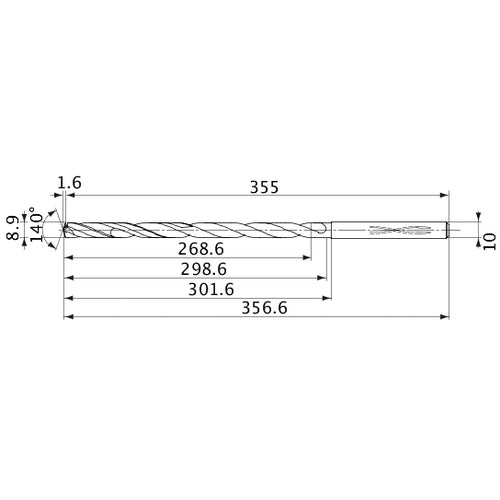 MVS0890X30S100 DP1020 8.9 mm Dia. × 10 mm Shank × 298.6 mm Flute Length × 356.6 mm OAL, 140°, 2 Flute, Coolant Thru, Solid Carbide Drill