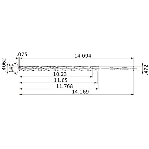 MVS1032X25S120 DP1020 0.4062″ Dia. × 0.472″ Shank × 11.65″ Flute Length × 14.169″ OAL, 140°, 2 Flute, Coolant Thru, Solid Carbide Drill