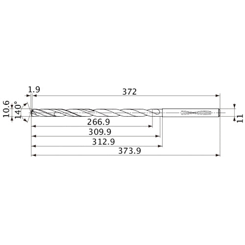 MVS1060X25S110 DP1020 10.6 mm Dia. × 11 mm Shank × 309.9 mm Flute Length × 373.9 mm OAL, 140°, 2 Flute, Coolant Thru, Solid Carbide Drill