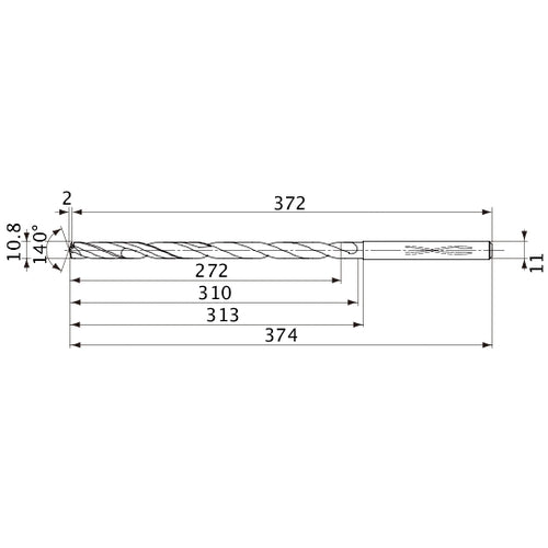 MVS1080X25S110 DP1020 10.8 mm Dia. × 11 mm Shank × 310 mm Flute Length × 374 mm OAL, 140°, 2 Flute, Coolant Thru, Solid Carbide Drill