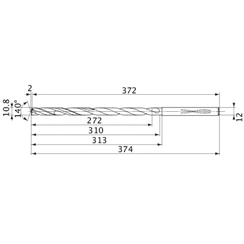 MVS1080X25S120 DP1020 10.8 mm Dia. × 12 mm Shank × 310 mm Flute Length × 374 mm OAL, 140°, 2 Flute, Coolant Thru, Solid Carbide Drill