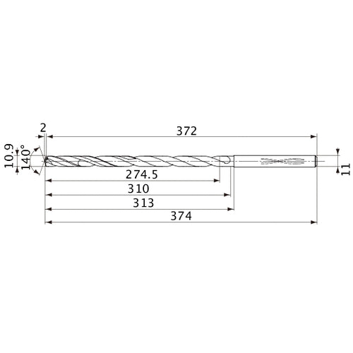 MVS1090X25S110 DP1020 10.9 mm Dia. × 11 mm Shank × 310 mm Flute Length × 374 mm OAL, 140°, 2 Flute, Coolant Thru, Solid Carbide Drill