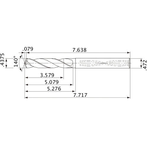 MVS1111X08S120 DP1020 7/16″ Dia. × 0.472″ Shank × 5.079″ Flute Length × 7.717″ OAL, 140°, 2 Flute, Coolant Thru, Solid Carbide Drill