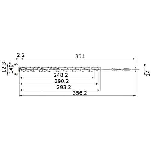 MVS1230X20S140 DP1020 12.3 mm Dia. × 14 mm Shank × 290.2 mm Flute Length × 356.2 mm OAL, 140°, 2 Flute, Coolant Thru, Solid Carbide Drill