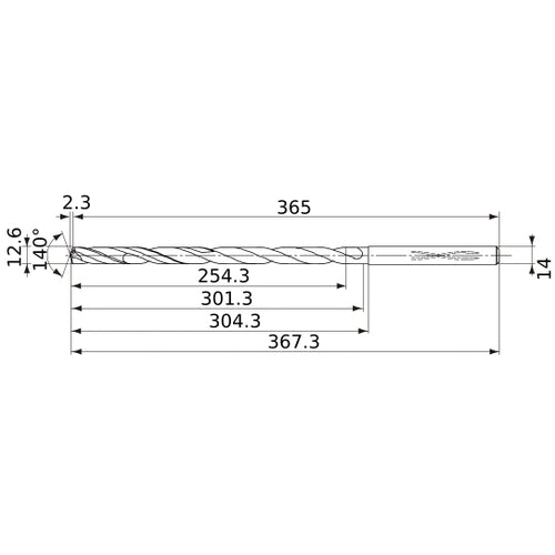 MVS1260X20S140 DP1020 12.6 mm Dia. × 14 mm Shank × 301.3 mm Flute Length × 367.3 mm OAL, 140°, 2 Flute, Coolant Thru, Solid Carbide Drill
