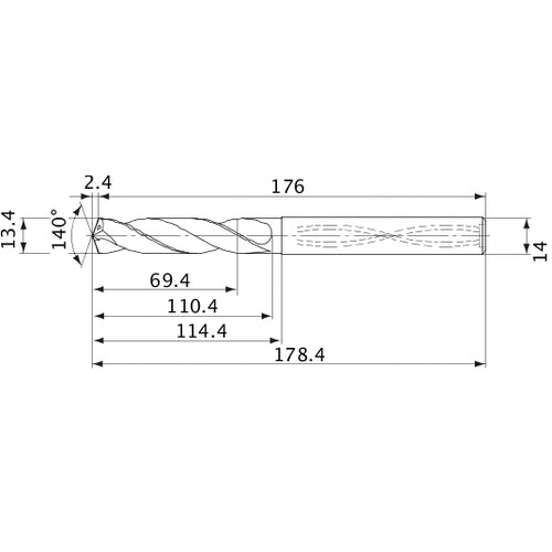 MVS1340X05S140 DP1020 13.4 mm Dia. × 14 mm Shank × 110.4 mm Flute Length × 178.4 mm OAL, 140°, 2 Flute, Coolant Thru, Solid Carbide Drill