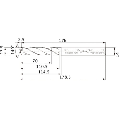 MVS1350X05S140 DP1020 13.5 mm Dia. × 14 mm Shank × 110.5 mm Flute Length × 178.5 mm OAL, 140°, 2 Flute, Coolant Thru, Solid Carbide Drill