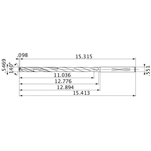 MVS1389X20S140 DP1020 0.5469″ Dia. × 0.551″ Shank × 12.776″ Flute Length × 15.413″ OAL, 140°, 2 Flute, Coolant Thru, Solid Carbide Drill