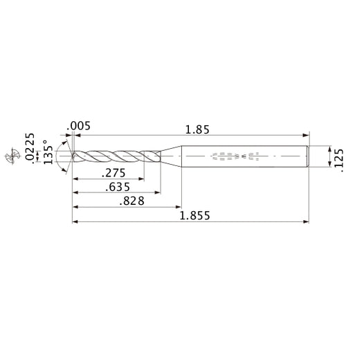 MWS00225XB VP15TF 0.0225″ Dia. × 1/8″ Shank × 0.635″ Flute Length × 1.855″ OAL, 135°, 2 Flute, Coolant Thru, Solid Carbide Drill