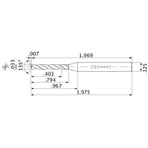MWS00330XB VP15TF 0.033″ Dia. × 1/8″ Shank × 0.794″ Flute Length × 1.975″ OAL, 135°, 2 Flute, Coolant Thru, Solid Carbide Drill