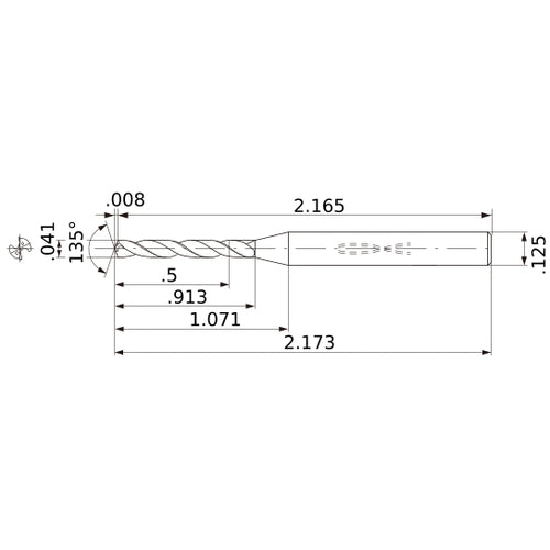 MWS00410XB VP15TF 0.041″ Dia. × 1/8″ Shank × 0.913″ Flute Length × 2.173″ OAL, 135°, 2 Flute, Coolant Thru, Solid Carbide Drill