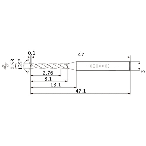 MWS0053LB VP15TF 0.53 mm Dia. × 3 mm Shank × 8.1 mm Flute Length × 47.1 mm OAL, 135°, 2 Flute, Coolant Thru, Solid Carbide Drill
