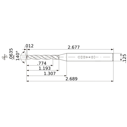 MWS00635XB VP15TF 0.0635″ Dia. × 1/8″ Shank × 1.193″ Flute Length × 2.689″ OAL, 140°, 2 Flute, Coolant Thru, Solid Carbide Drill