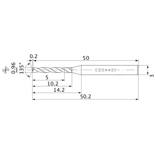 MWS0096LB VP15TF 0.96 mm Dia. × 3 mm Shank × 10.2 mm Flute Length × 50.2 mm OAL, 135°, 2 Flute, Coolant Thru, Solid Carbide Drill