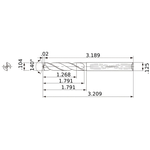 MWS01040XB VP15TF 0.104″ Dia. × 1/8″ Shank × 1.791″ Flute Length × 3.209″ OAL, 140°, 2 Flute, Coolant Thru, Solid Carbide Drill
