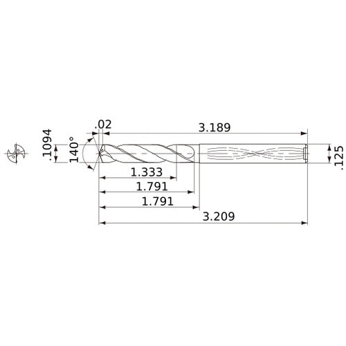 MWS01094XB VP15TF 0.1094″ Dia. × 1/8″ Shank × 1.791″ Flute Length × 3.209″ OAL, 140°, 2 Flute, Coolant Thru, Solid Carbide Drill