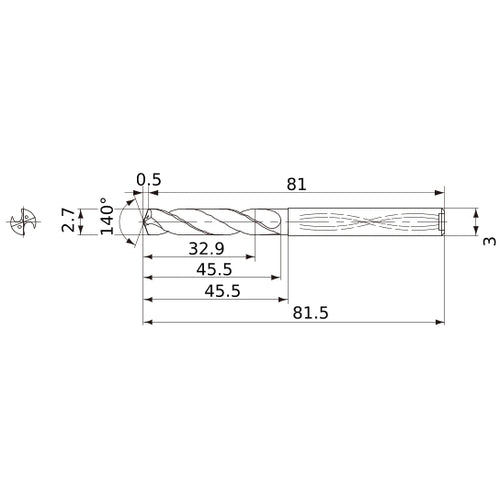 MWS0270XB VP15TF 2.7 mm Dia. × 3 mm Shank × 45.5 mm Flute Length × 81.5 mm OAL, 140°, 2 Flute, Coolant Thru, Solid Carbide Drill