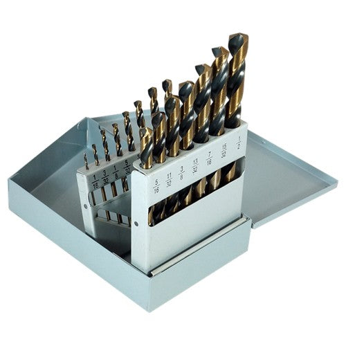 1/16-1/2 RHS / RHC HSS 135 Degree Split Point Heavy Duty Jobber Length Drill Set - Black & Gold - Exact Industrial Supply